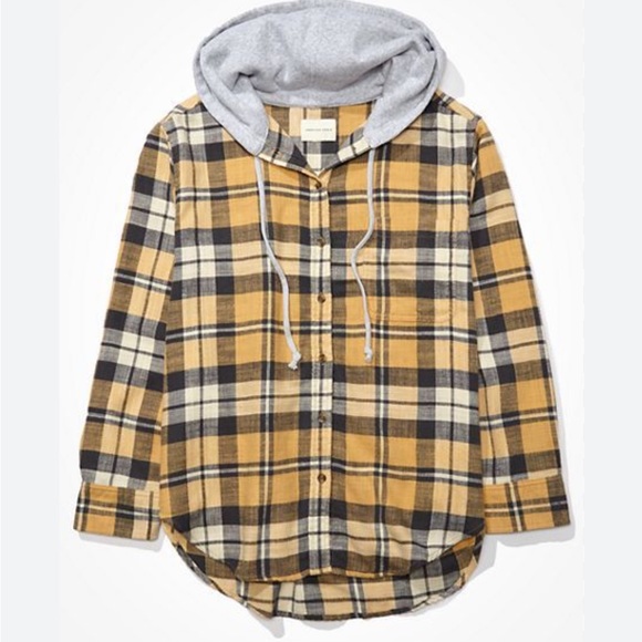 American eagle yellow gray plaid flannel hooded button up shirt - Picture 1 of 6